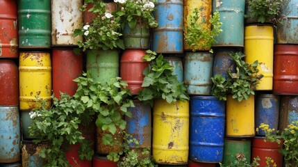 Fototapeta premium Stacked colorful rusty barrels repurposed as planters for greenery