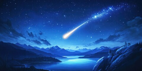 Fototapeta premium Night Sky Meteor Over Mountain Lake Landscape