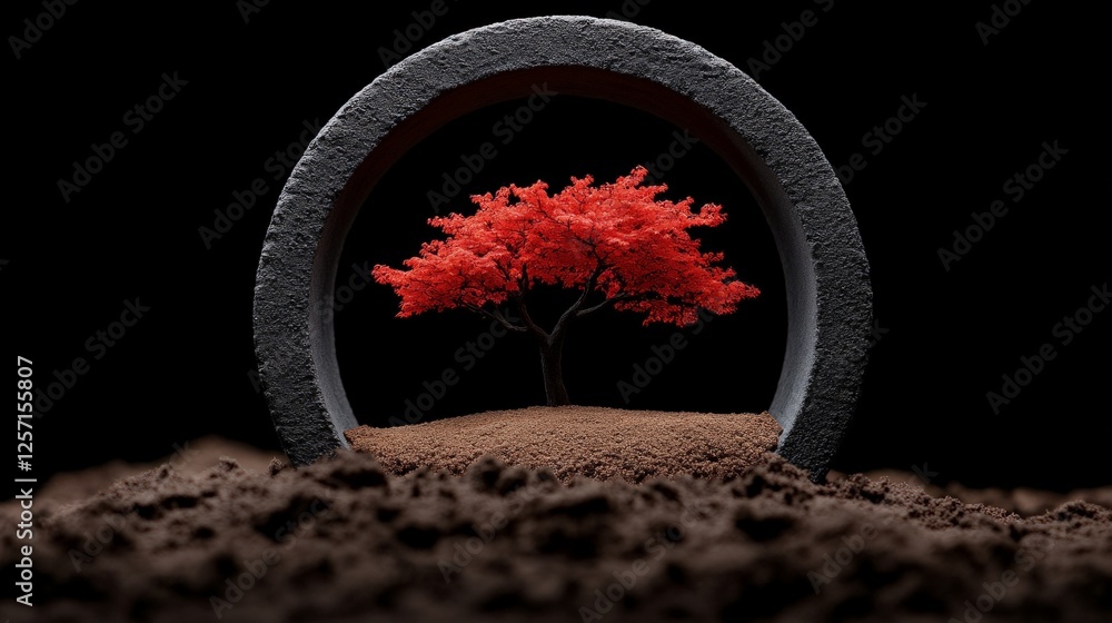 Poster vibrant red tree surrounded by circular stone frame in dark setting