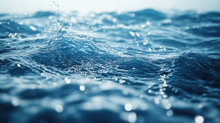 Ocean waves splash, sunlit surface, background blurred, travel brochure