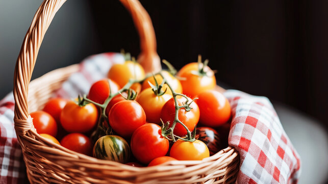 Fresh mixed tomatoes in woven basket with checkered cloth