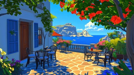 A small caf by the sea with outdoor seating, blue decor, and a breathtaking ocean view.