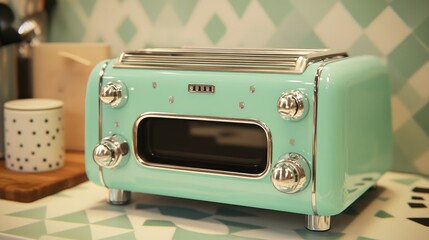 Fototapeta premium A small retro toaster oven with chrome knobs and a curved glass door.