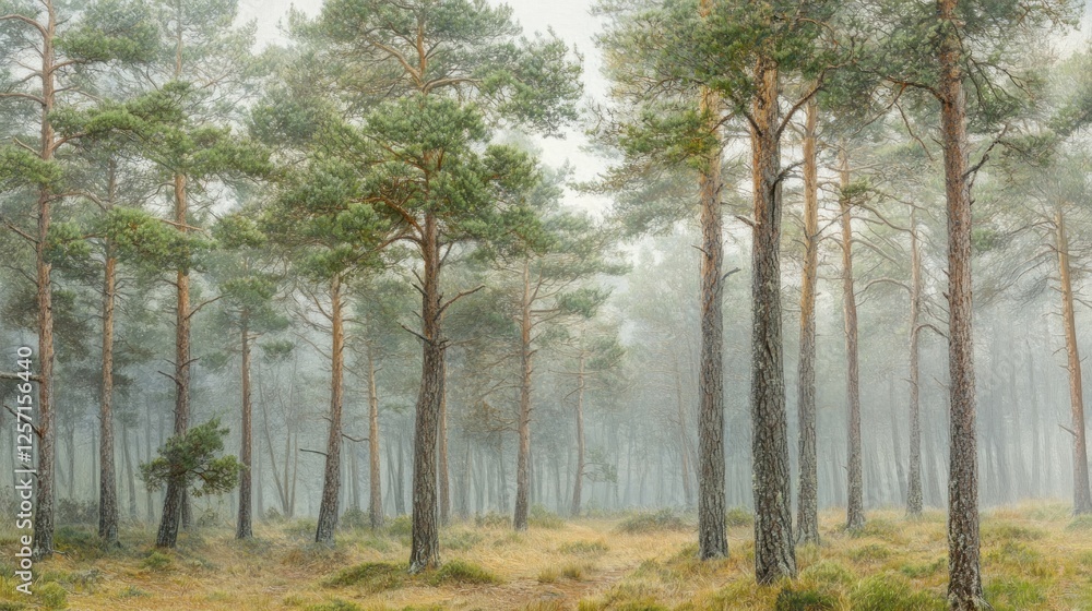 Poster misty forest scene featuring tall pine trees and dense fog