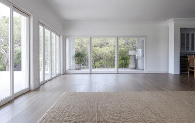 Fototapeta premium Spacious modern living area with large windows and natural light in a serene setting