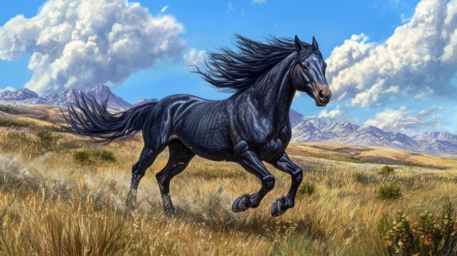 A magnificent black horse gallops powerfully across a golden field