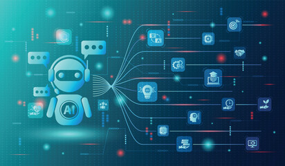 Ai generate concept.Artificial Intelligence assistant for graphic design, translate,chat bot,generate images,write code,advertising,law, customer analysis,security,healthcare,study,world environment