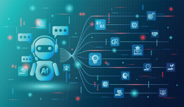 Ai generate concept.Artificial Intelligence assistant for graphic design, translate,chat bot,generate images,write code,advertising,law, customer analysis,security,healthcare,study,world environment