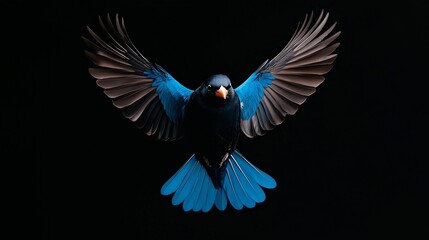 Captivating Blue Bird In Flight With Stunning Contrast Against Black
