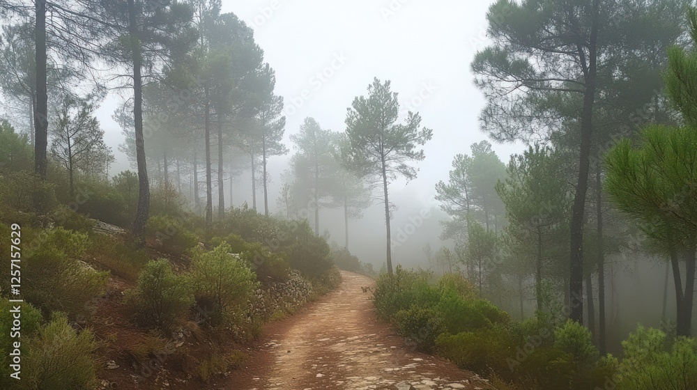 Poster misty forest path winding through tall trees on a foggy day