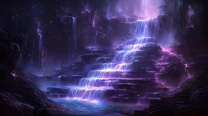 Obraz premium Enchanting Purple Waterfall Cascade in Mystical Fantasy Cave Landscape