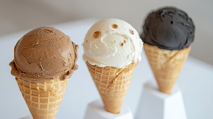 Three Ice Cream Cones with Chocolate Vanilla and Brown Flavors
