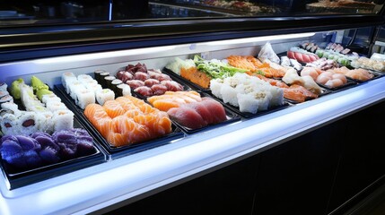 A sushi conveyor belt display featuring premium fish cuts on stylish plates.
