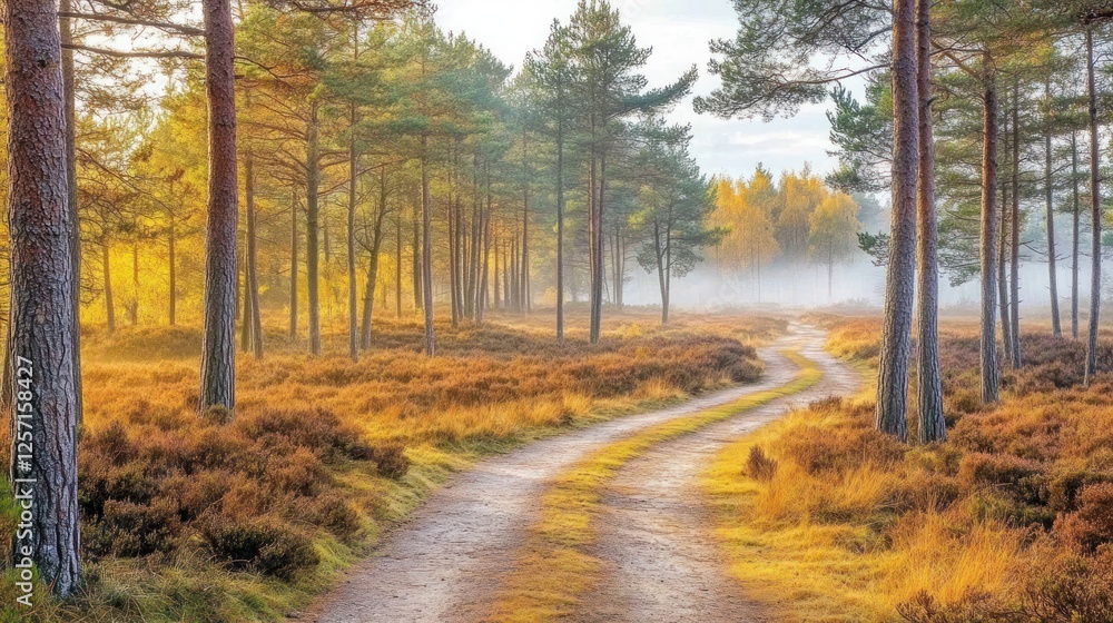 Poster a winding path through a beautiful autumn forest scene
