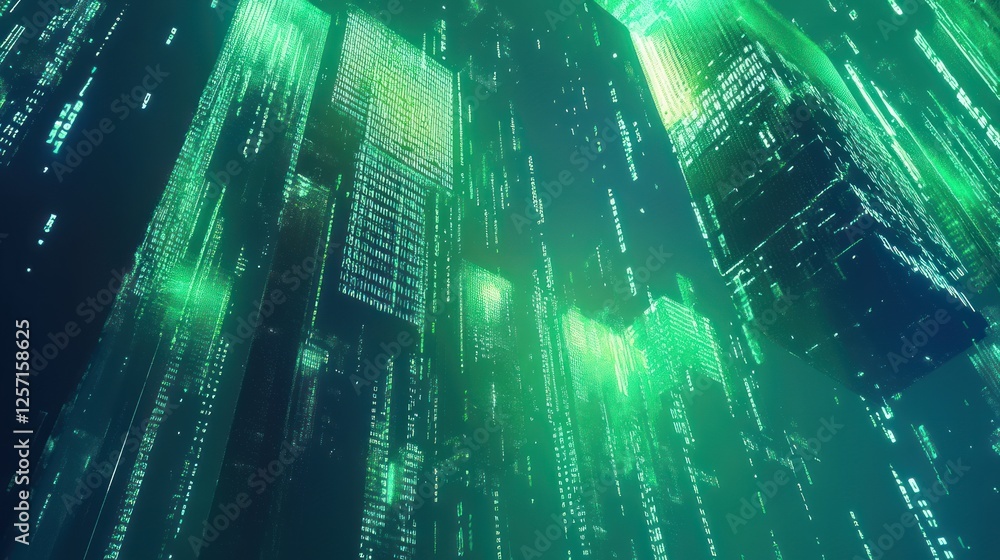 Poster Abstract cityscape illuminated with green matrix style digital code