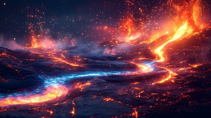 Naklejka premium Fiery Volcanic Landscape Molten Lava Flows and Glowing Embers at Night