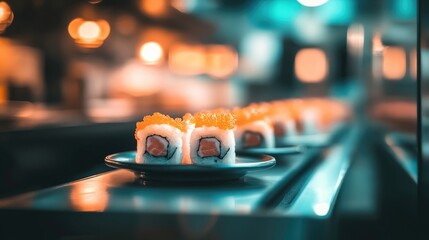A sushi plate passing under soft lighting on a conveyor belt in a traditional setting.