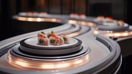 A sushi plate rotating on a stylish conveyor belt with contemporary design.