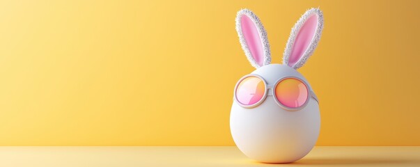 Obraz premium A whimsical egg with bunny ears and goggles, styled against a pastel yellow background with a hint of neon orange glow.
