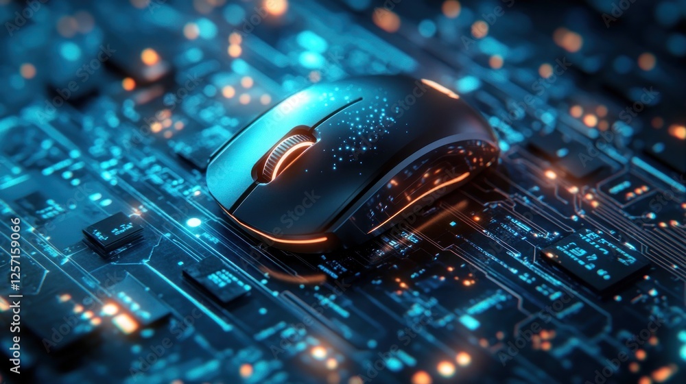 Poster high-tech wireless mouse resting on an illuminated circuit board pattern