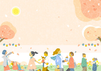 People enjoying cherry blossom viewing Stylish Japanese-style background material