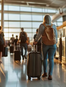 Rear view of tourists walking in airport terminal with luggage
