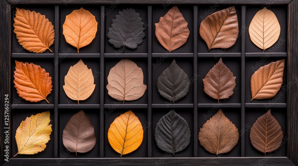 Poster assorted dry leaves in various shapes and colors on dark background