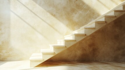 Sunlit interior staircase, concrete wall, ascent, sunlight, home design