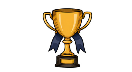 Illustrated Golden Trophy with Blue Ribbon on White Background