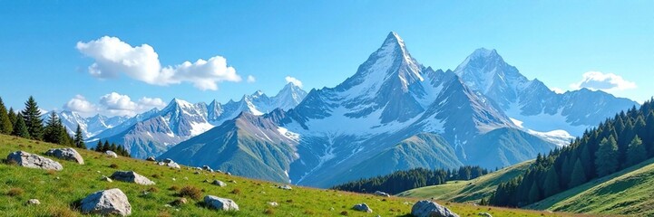 Obraz premium Mountain range under a clear blue sky with a few clouds, landscape, serene