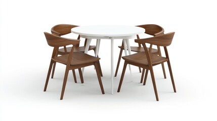 Fototapeta premium Round white table and four wooden chairs, studio shot, furniture