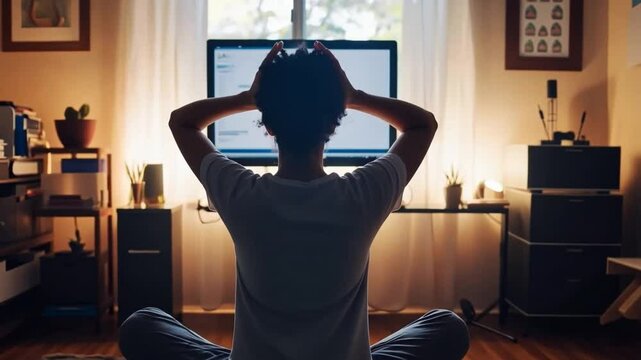 This video captures a person meditating in a cozy room. It symbolizes tranquility in a digital world. Perfect for wellness and mindfulness themes. Generative AI