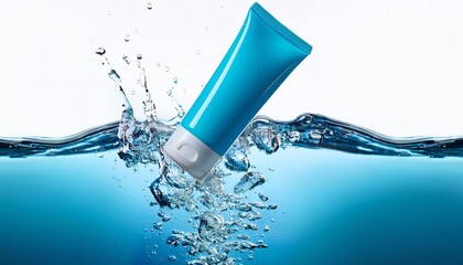 A blue cosmetic tube splashes into clear water, creating dynamic ripples and emphasizing freshness and hydration.