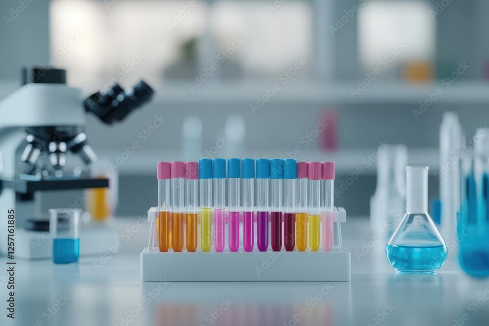 Poster laboratory table with test tubes microscope and scientific equipment for experiments and research wo