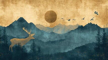 Majestic deer silhouetted against a misty mountain range at sunset.