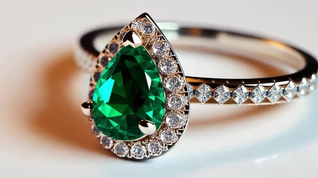This beautifully crafted ring showcases a vibrant emerald surrounded by brilliant diamonds. Ideal for weddings or engagement. A timeless piece of luxury jewelry. Generative AI