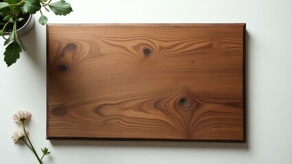 A cutting board crafted from rich, aged wood centered over a faux wood table