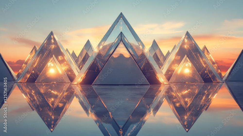Poster reflective pyramid array at dusk, showcasing symmetry and modern design