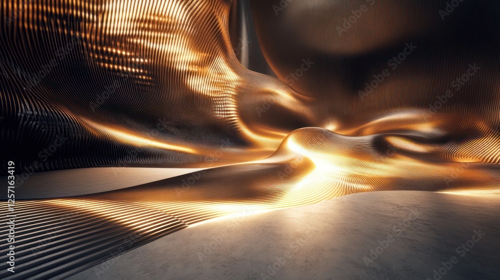 Poster Golden undulating surface with linear texture is bathed in light