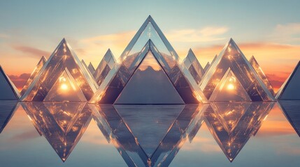 Reflective pyramid array at dusk, showcasing symmetry and modern design