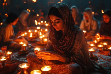 Woman lighting candles, prayer, temple, India, spirituality
