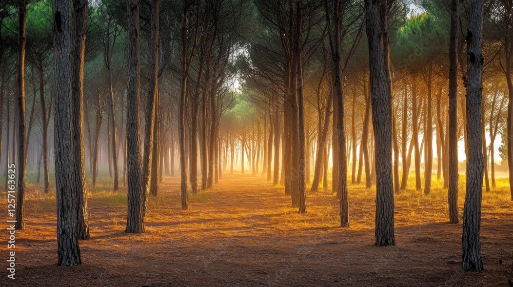 Aufkleber trees line the path to the bright forest opening