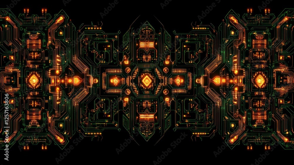 Poster symmetrical circuit board design glows brightly on a dark background