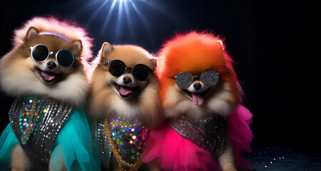 Creative animal concept. Group gang of pomeranian dog puppy doggy in sparkly rock punk neon bright colour outfit, copy text space. commercial, editorial advertisement party invitation invite	
