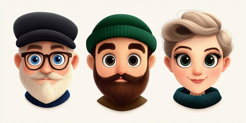 stylish cartoon characters portrait of three adults with different hairstyles and beards