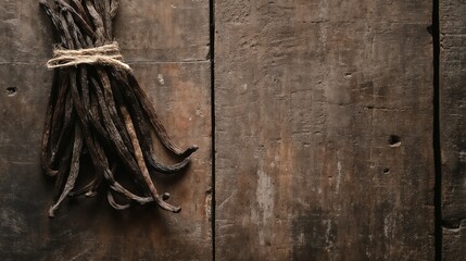 Bundle of dried vanilla beans on rustic wooden background