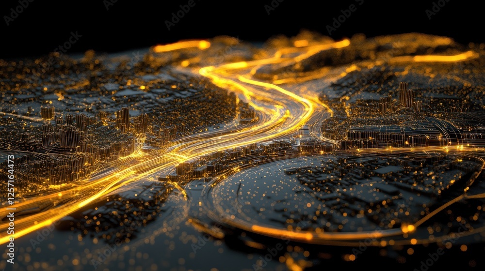 Poster digital city landscape with glowing lines representing traffic flow