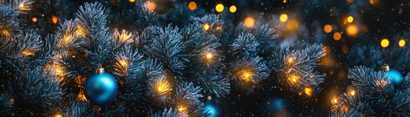 Decorated christmas tree with blue ornaments and golden bokeh lights