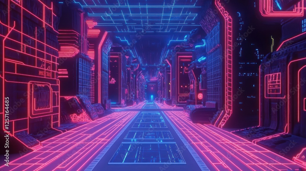 Aufkleber illuminated futuristic corridor with neon grid and architectural elements