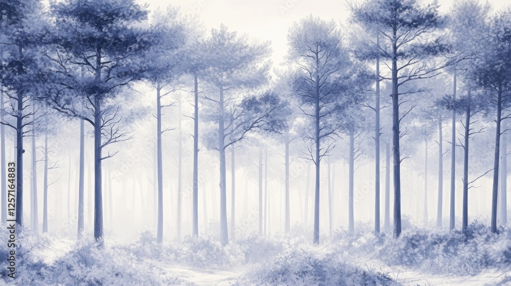 Poster serene forest of trees submerged in a gentle blue fog